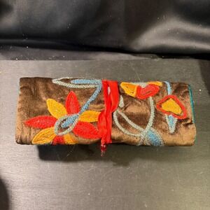 Vintage Brown Velvet Embroidered Floral Jewelry Roll Travel Organizer Case